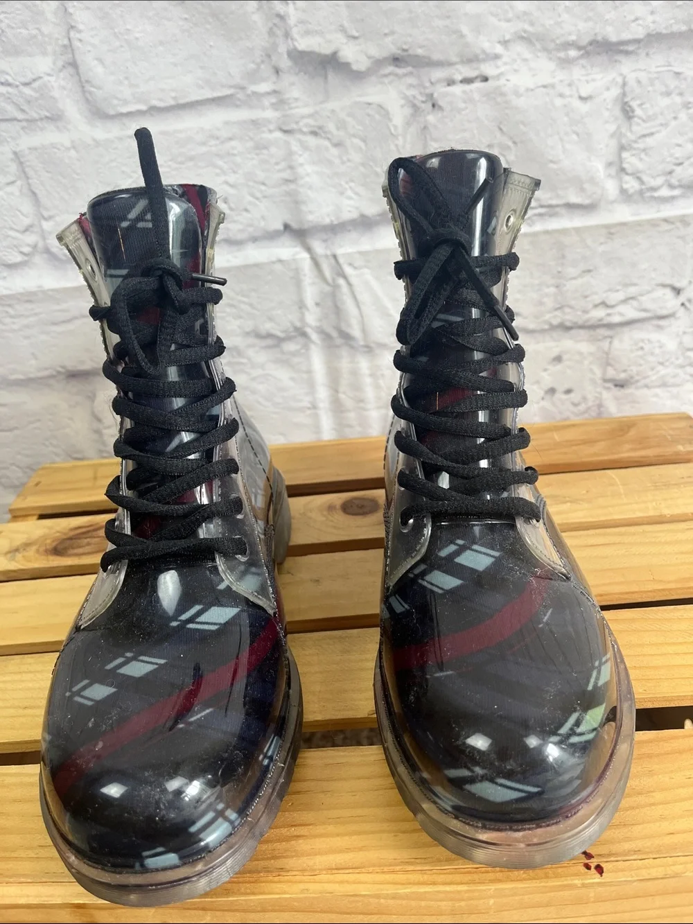 Henry Ferrera women’s preppy utility  tartan plaid lace up rainboots size 8
